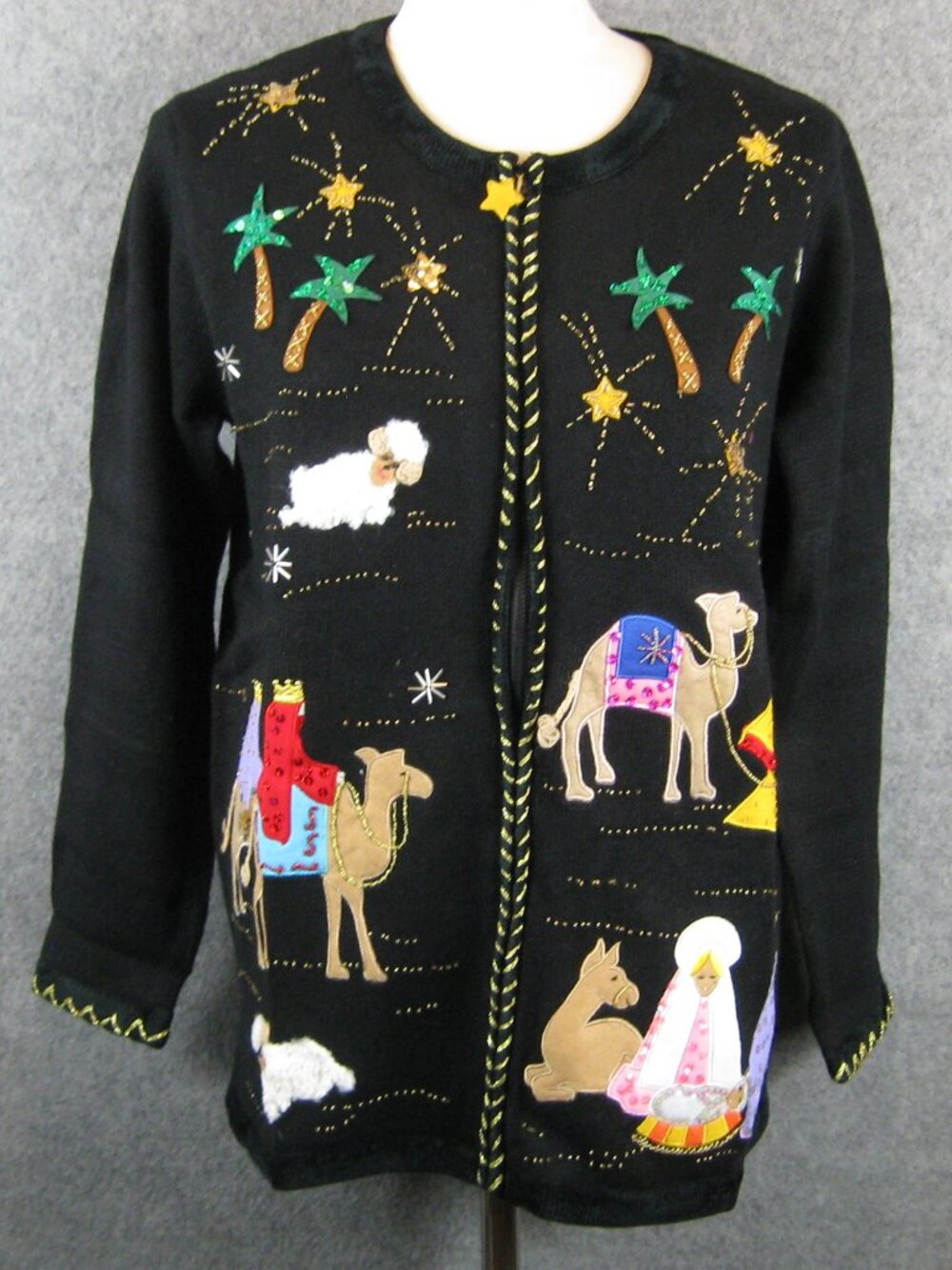Quacker Factory The First Christmas Zip Cardigan Sz M Black
